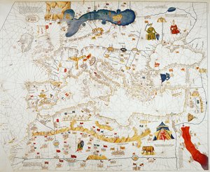Cópia do mapa catalão da Europa, norte da África e Oriente Médio (gravura colorida à mão)